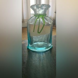 Heavy glass vase. Aqua with green glass bow trim.